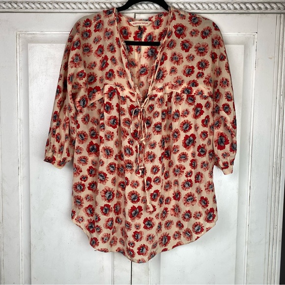 Rebecca Taylor Boho 100% Silk Floral Pink Red Oversized Flowy Tunic Blouse 6 - Picture 3 of 8